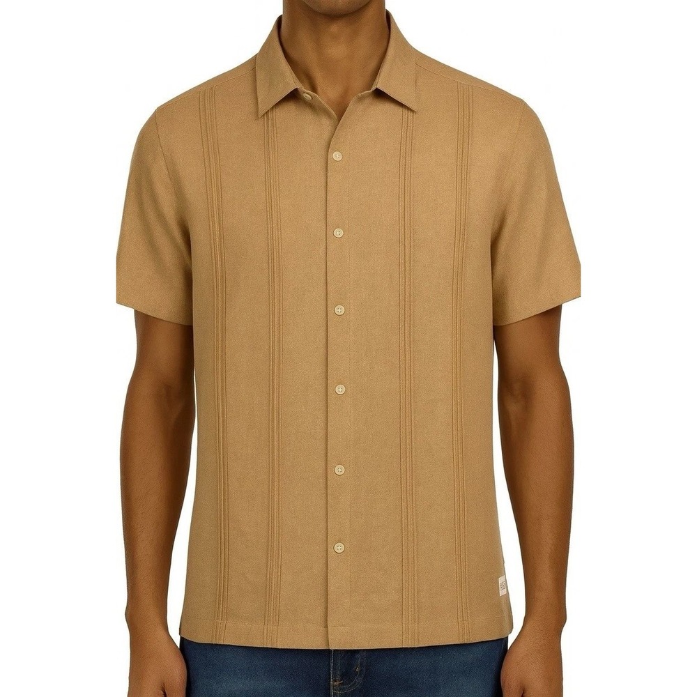 NWOT Scotch & Soda Shirt Men's XL Tan Linen Blend Guayabera Pintuck Short Sleeve